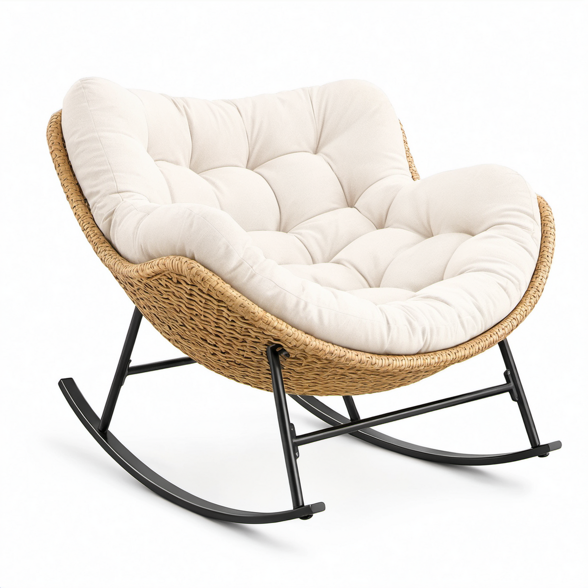 Rattanschaukelstuhl mit Baumwollpolster und Stahlrahmen in Beige