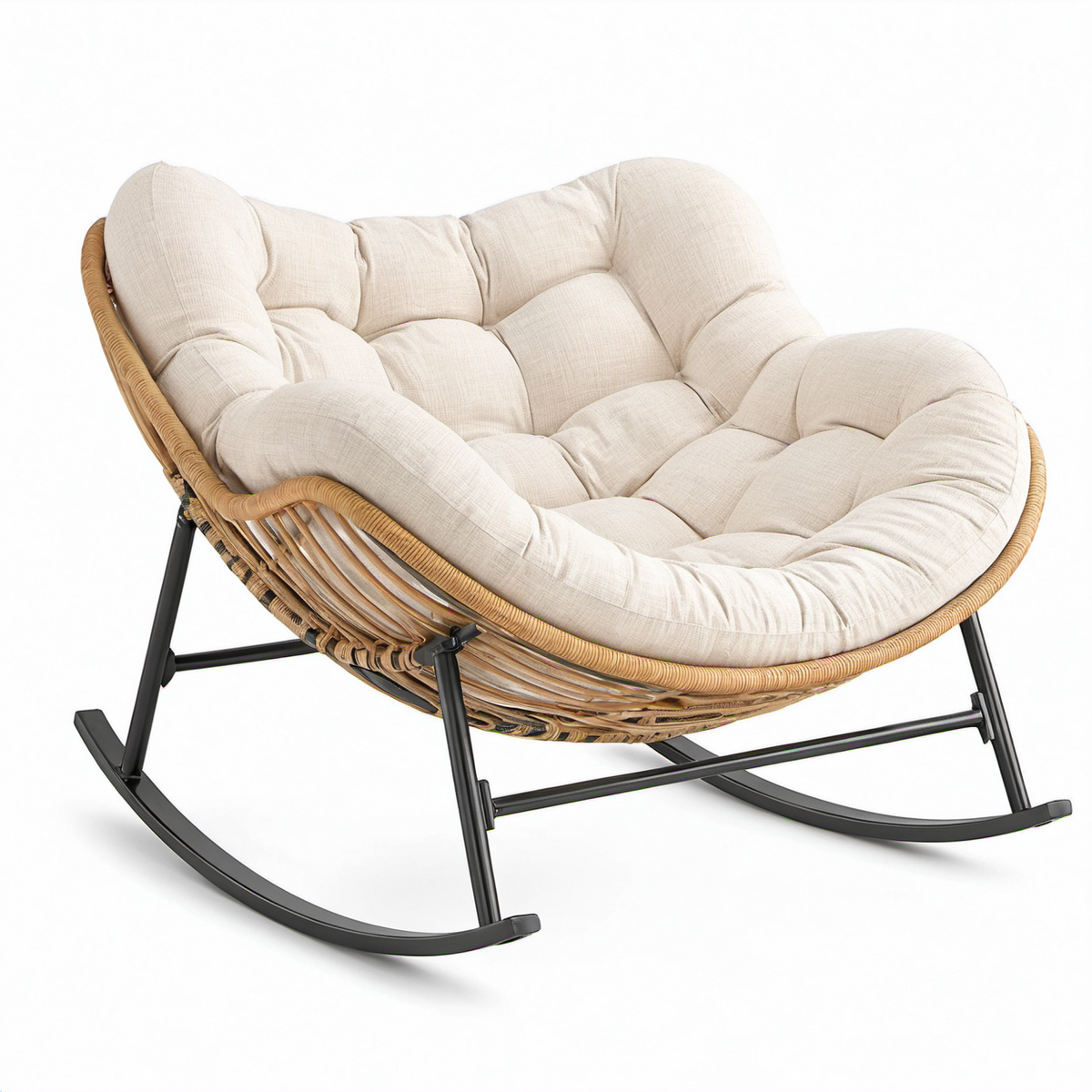 Rattanschaukelstuhl mit Metallrahmen und Baumwollkissen Beige