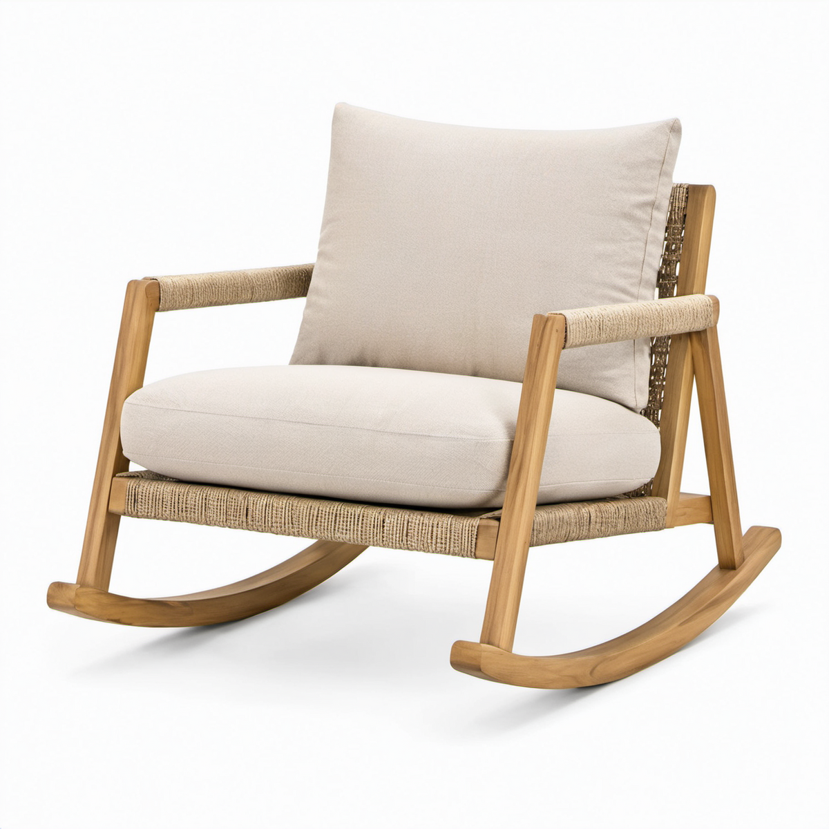 Schaukelstuhl aus Teakholz und Rattan mit Polyesterbezug in Beige