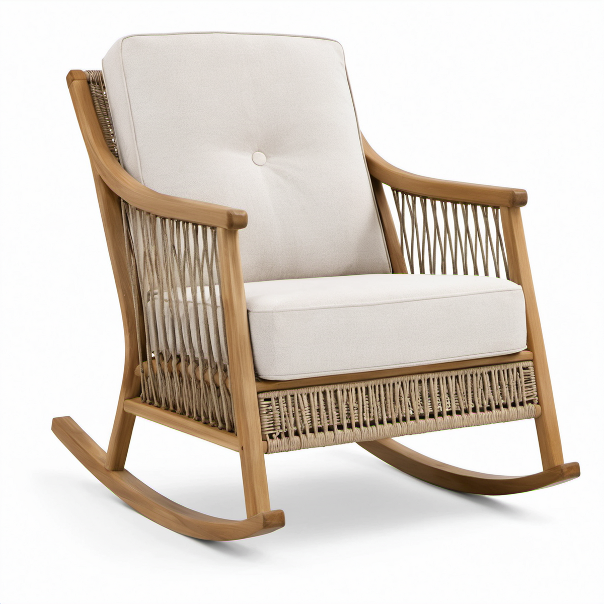 Schaukelstuhl aus Teakholz mit Polster und Seilgeflecht in Beige