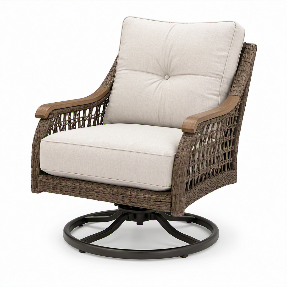 Rattan Drehsessel mit Polyesterkissen und Aluminiumgestell, Braun und Beige