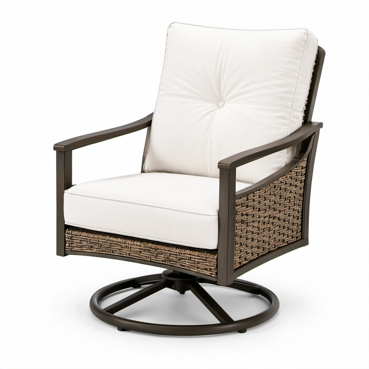 Aluminium- und Polyrattan-Drehsessel mit cremeweißen Kissen, 95 cm Höhe