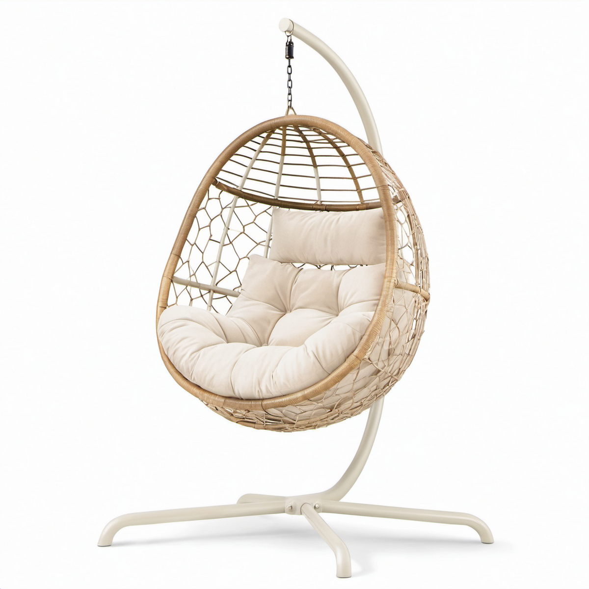 Rattan Hängesessel Ei-Design mit Baumwollkissen Beige
