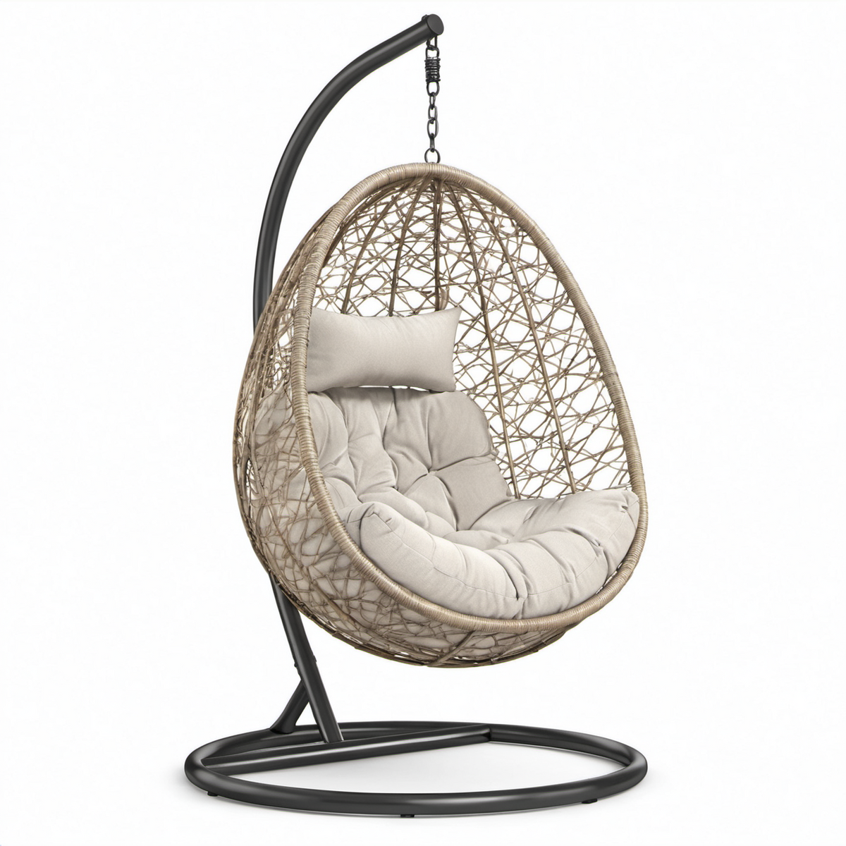 Hängesessel Rattan Ei-Form Stahlgestell Beige Kissen