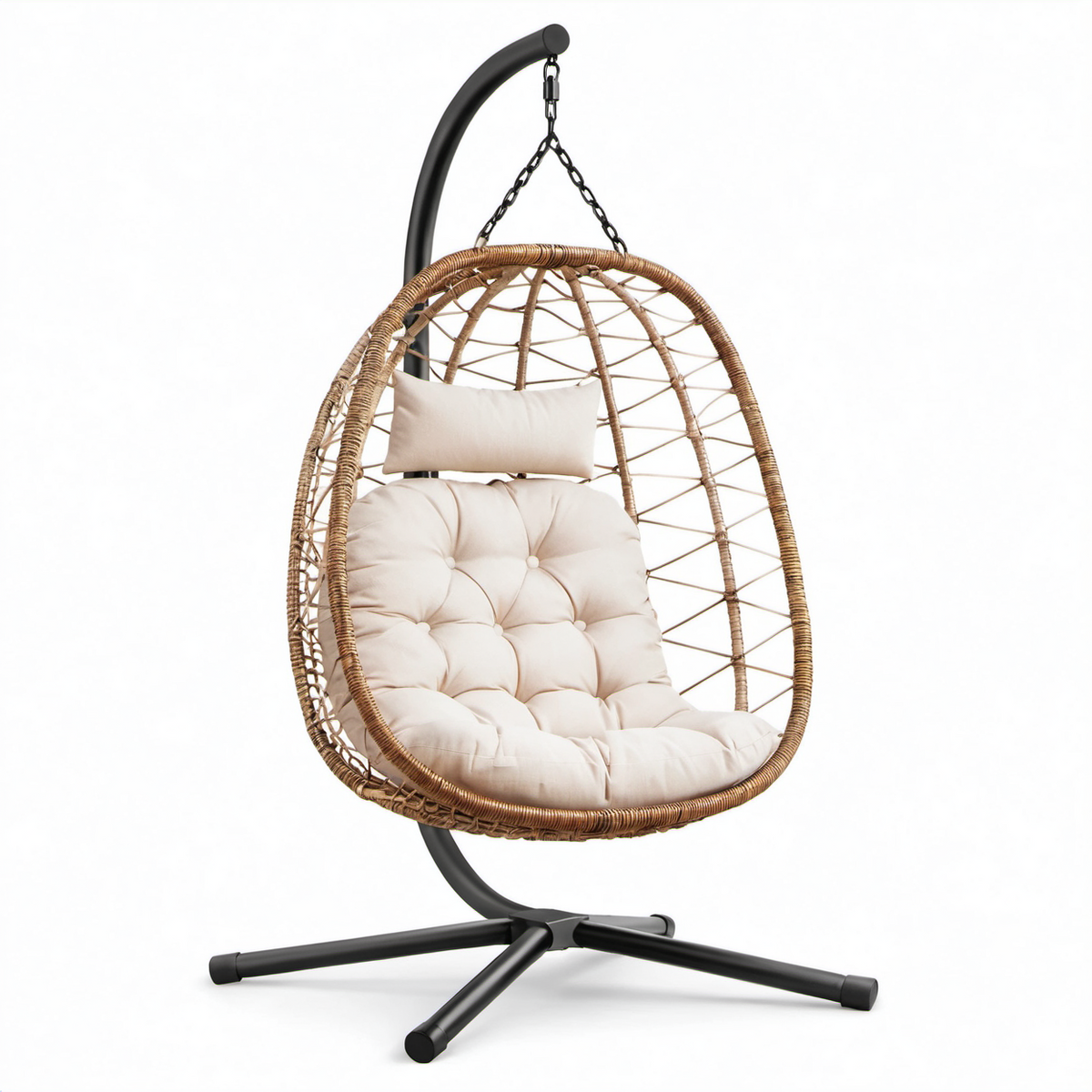Hängesessel aus Rattan mit Stahlgestell und beigem Kissen