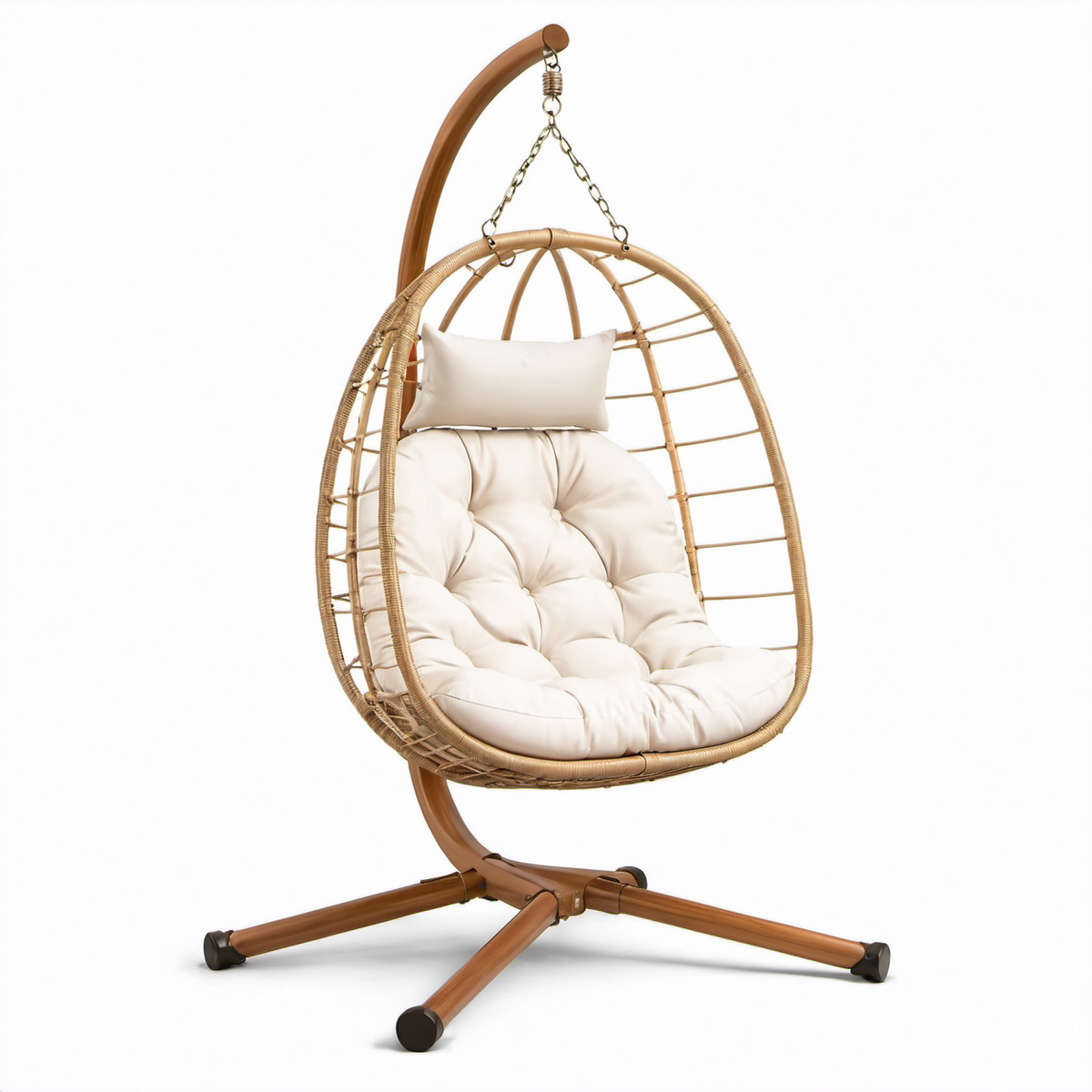 Hängesessel Ei Form Naturrattan Stahl Beige mit Kissen