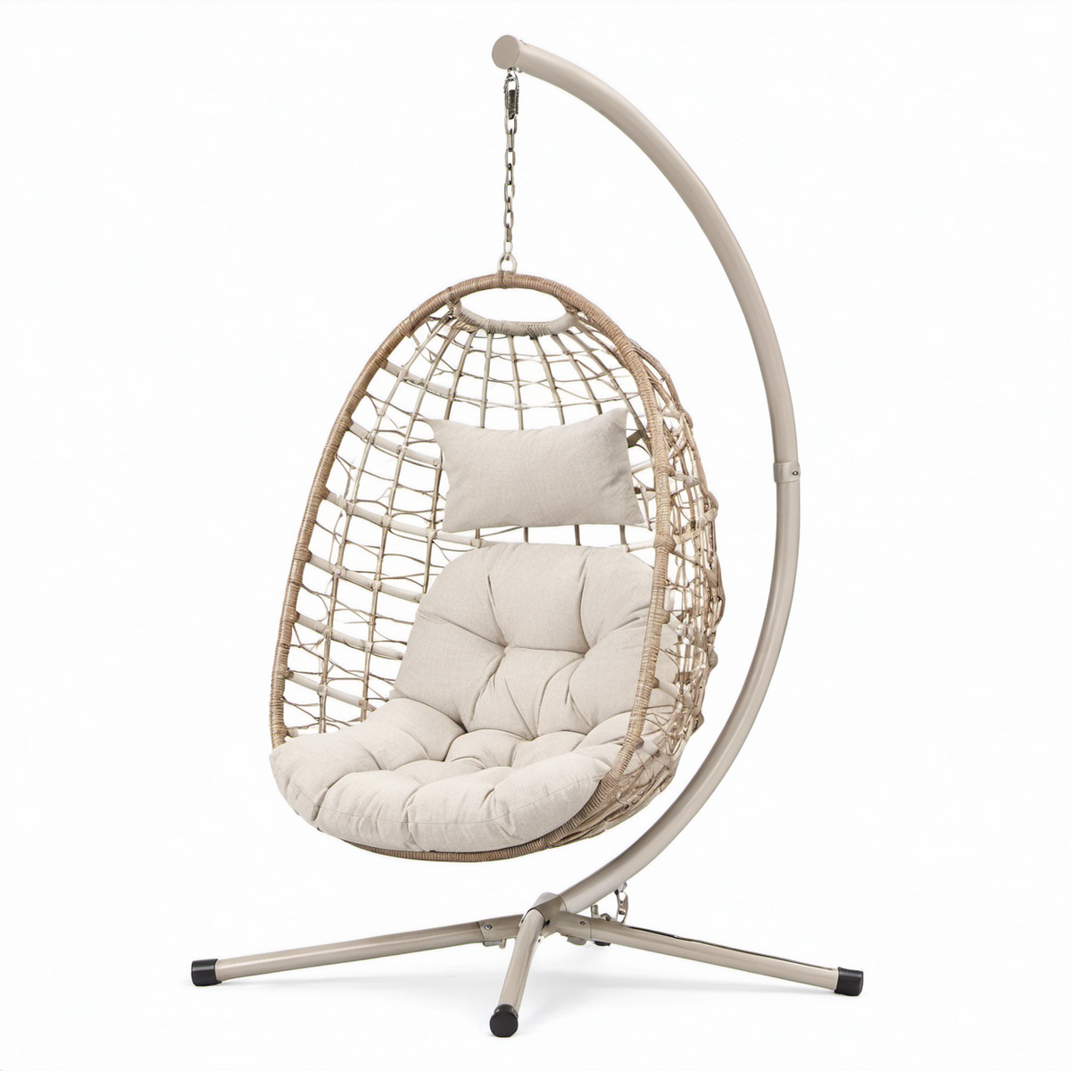 Hängesessel aus Polyrattan mit Kissen und Stahlgestell Beige