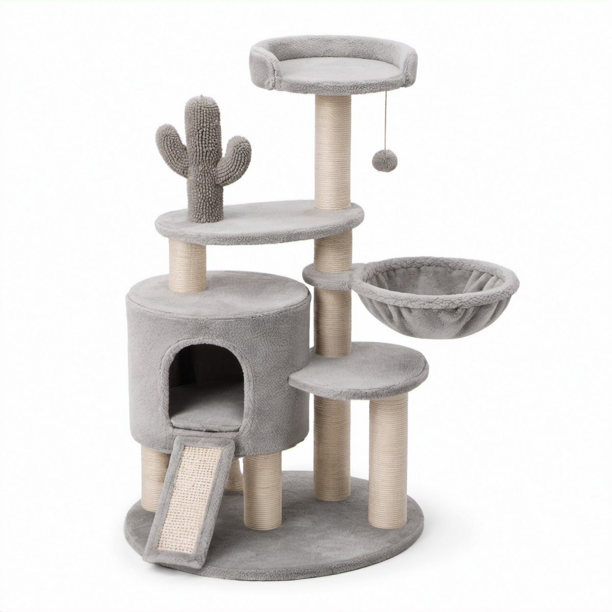 Katzenbaum mit Höhle und Hängematte aus Plüsch und Sisal, Grau, 100x50x50 cm