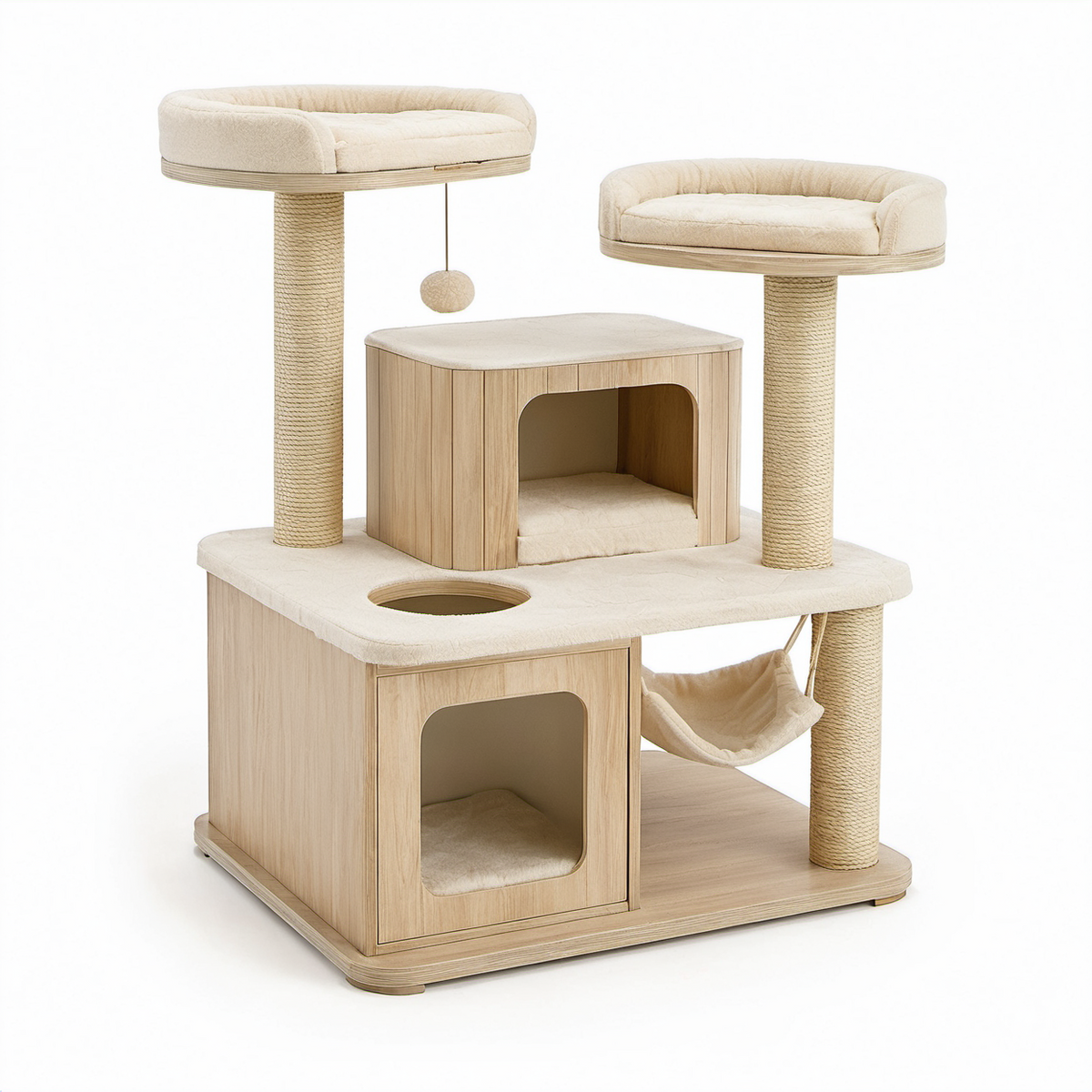 Kratzbaum aus Holz mit Sisal und Polyester in Beige