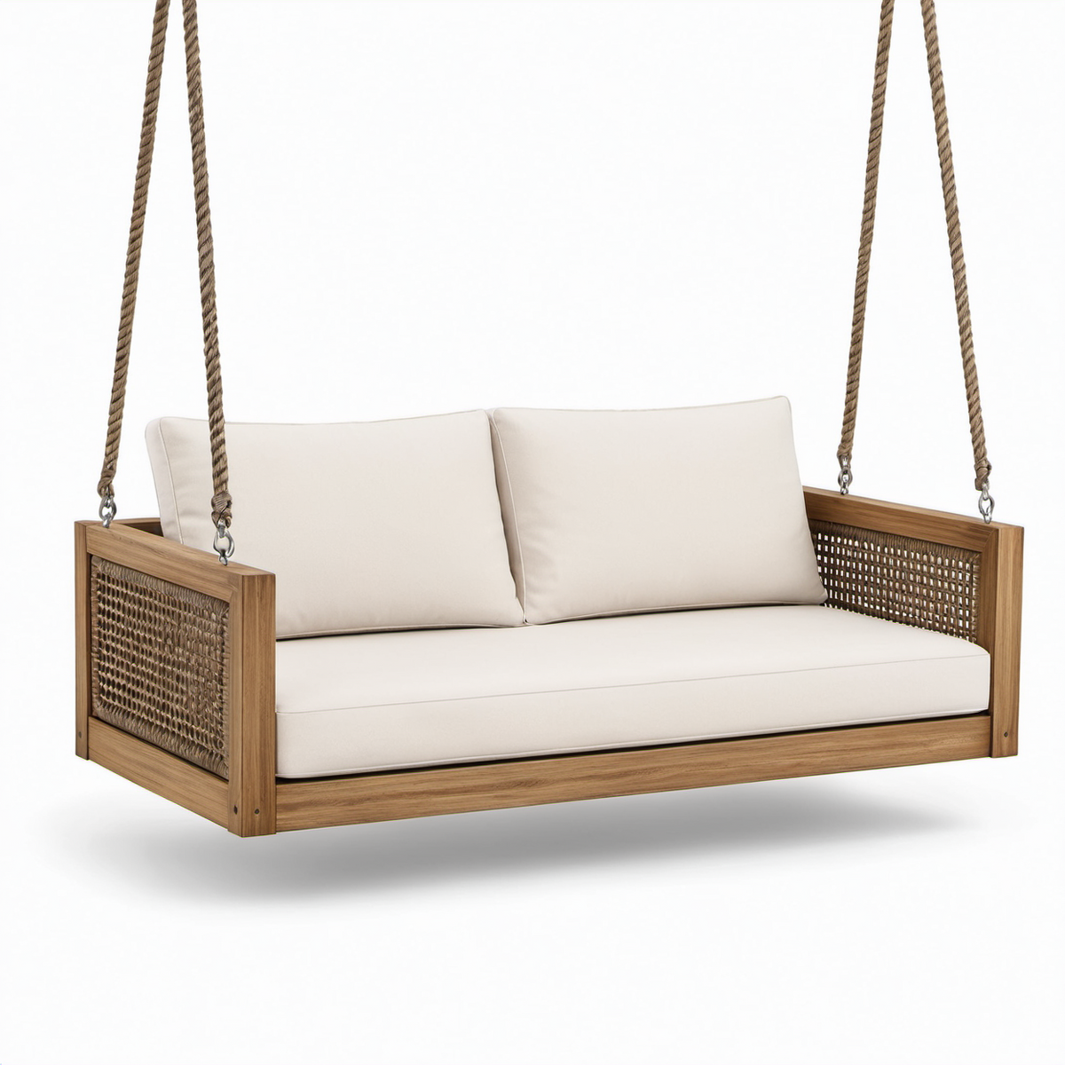 Teakholz Schaukelbank mit Baumwollpolstern Beige